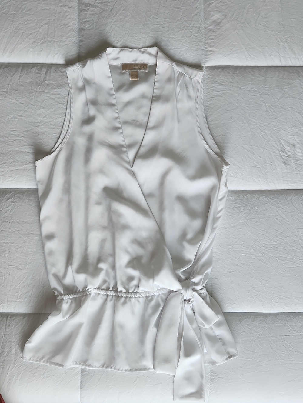 Michael Kors White Satin Sleeveless Wrap Top with Side Tie